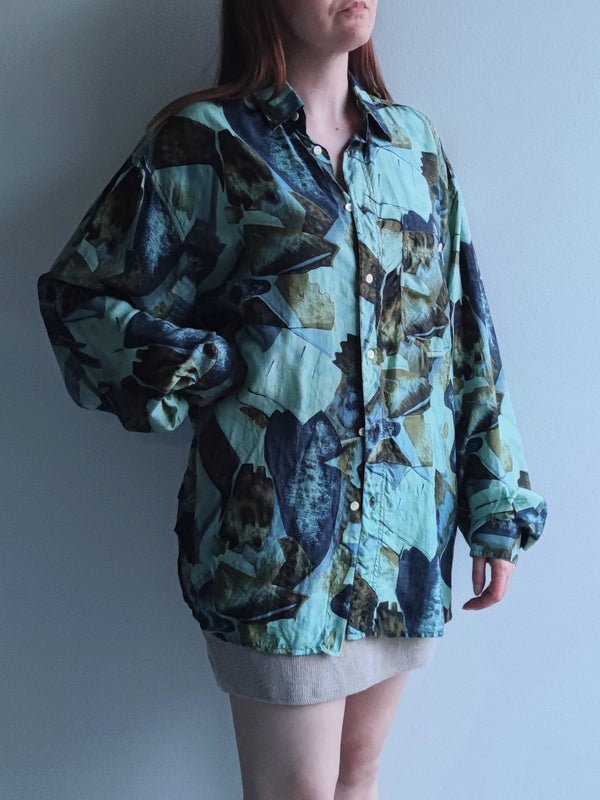 Kuviollinen vihreänsävyinen silkkipusero, XL