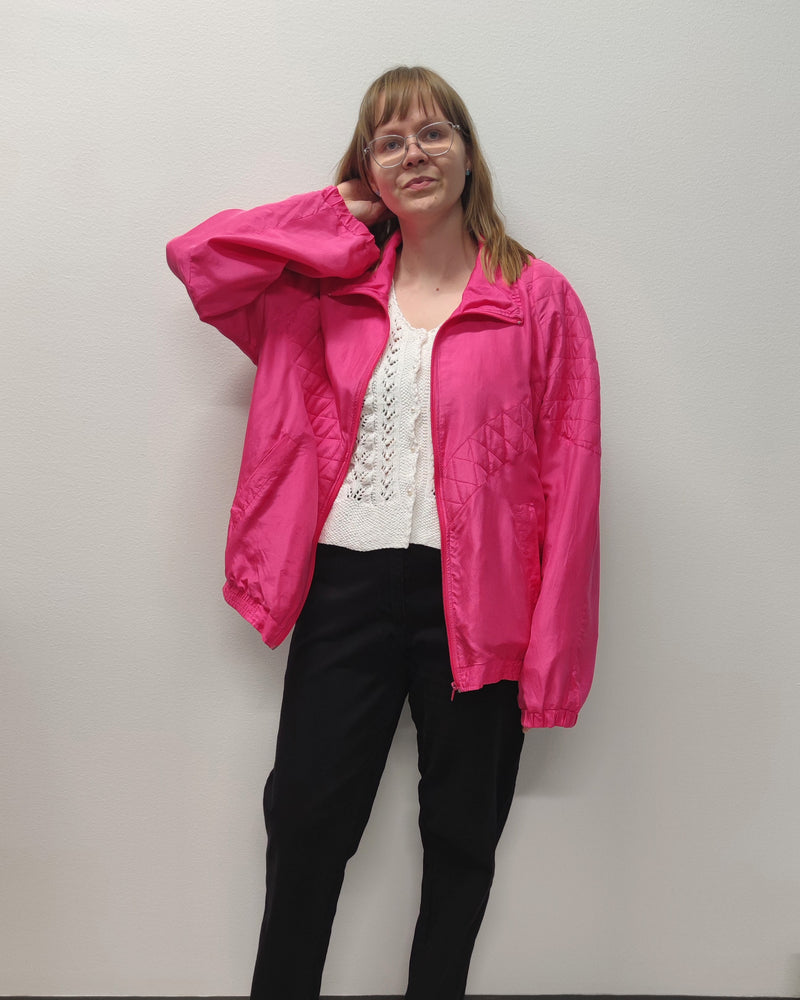Kirkkaanpinkki vintage-silkkibomber, L-XL