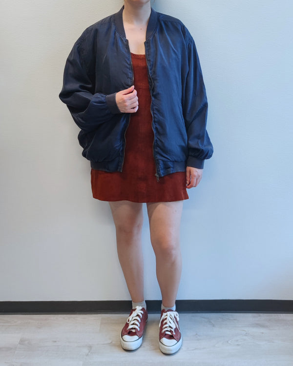 Tummansininen vintage-silkkibomber, L