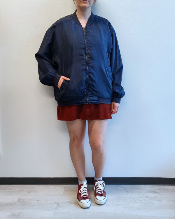 Tummansininen vintage-silkkibomber, L
