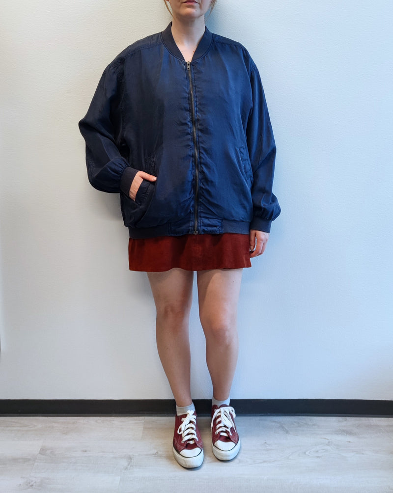 Tummansininen vintage-silkkibomber, L