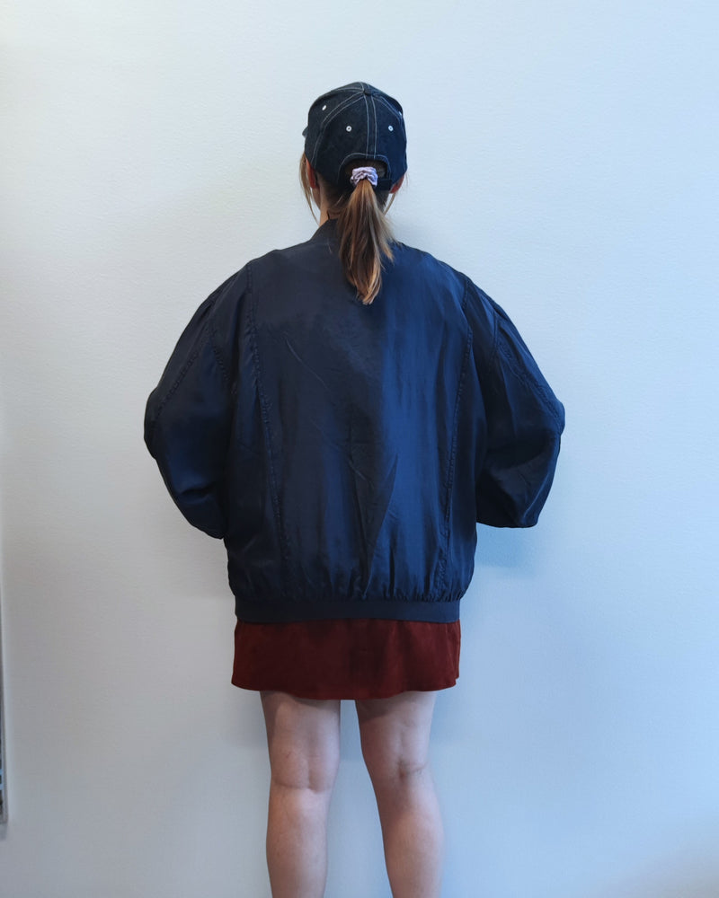 Tummansininen vintage-silkkibomber, L