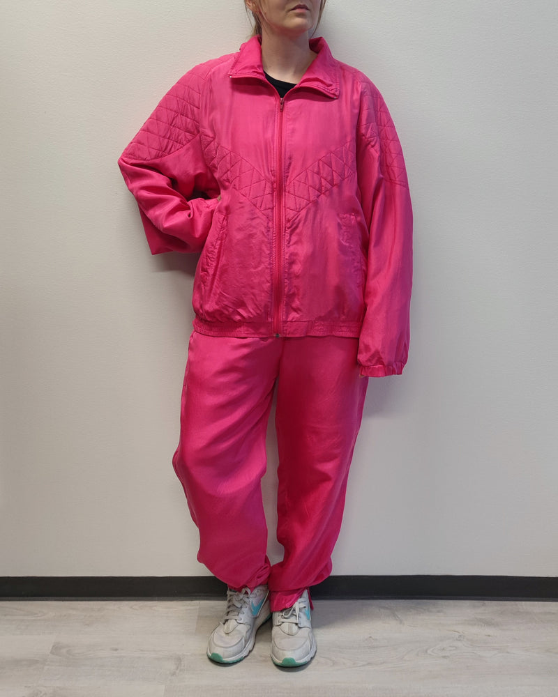 Kirkkaanpinkki vintage-silkkibomber, L-XL