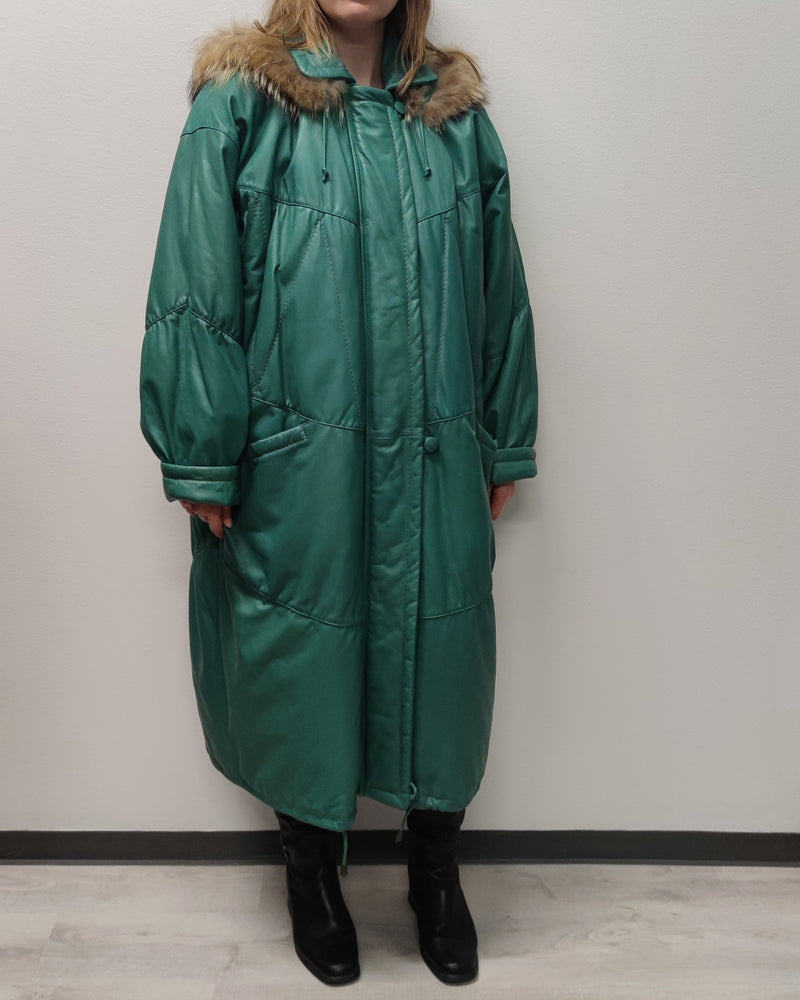 Pitkä vihreä vintage-nahkatakki, XXL