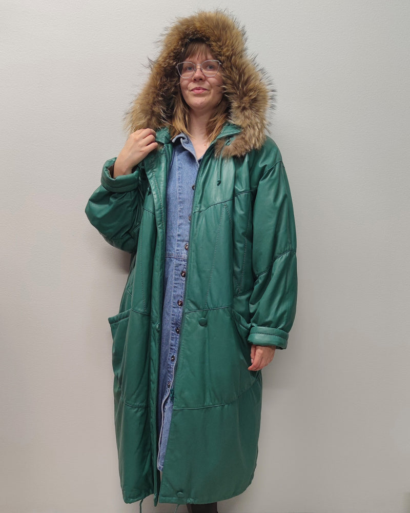 Pitkä vihreä vintage-nahkatakki, XXL