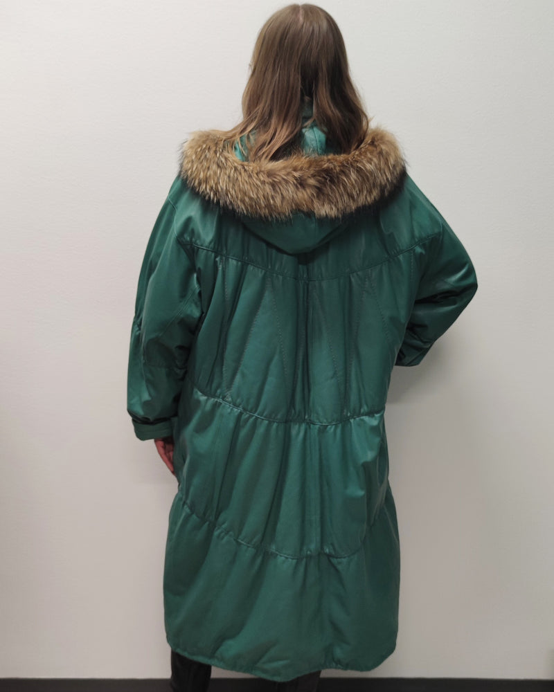Pitkä vihreä vintage-nahkatakki, XXL
