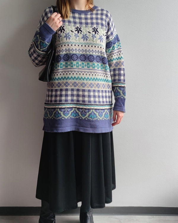 Sininen kuviollinen vintage-neule, L-XL