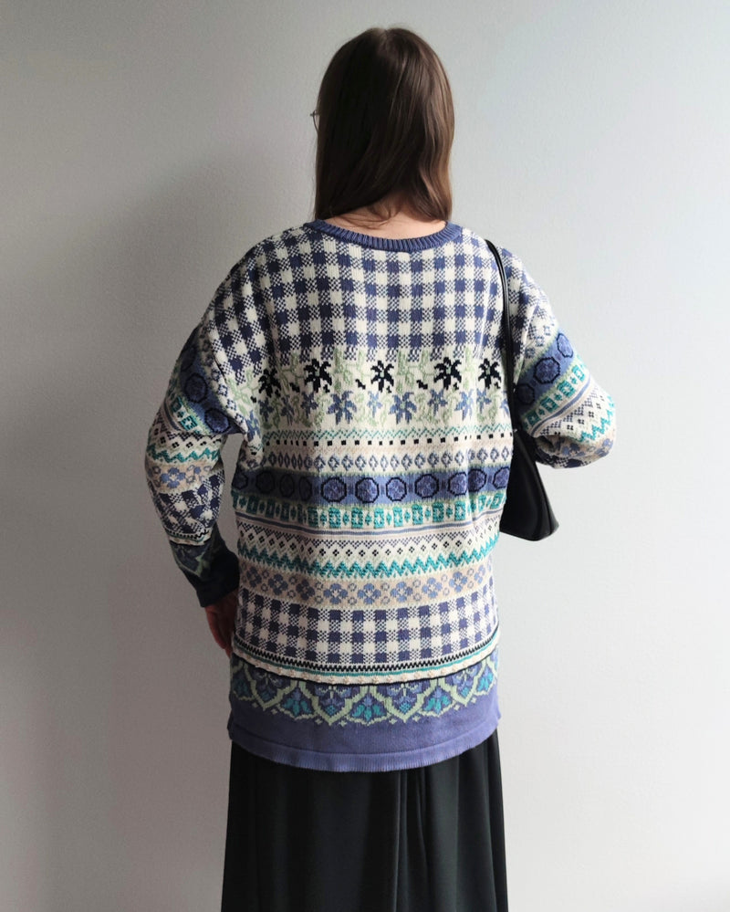 Sininen kuviollinen vintage-neule, L-XL