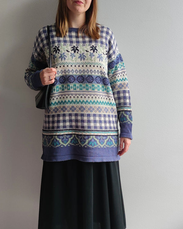 Sininen kuviollinen vintage-neule, L-XL