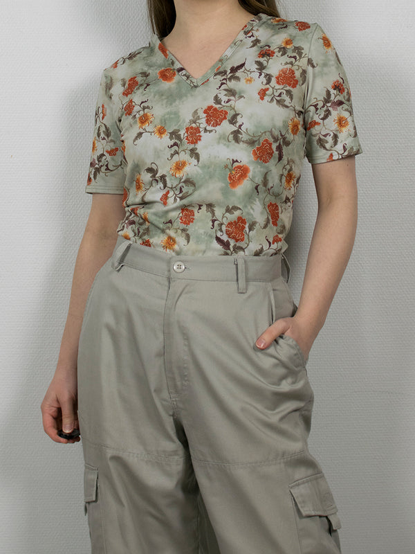 Vihreä kukkakuosinen vintage-paita, S