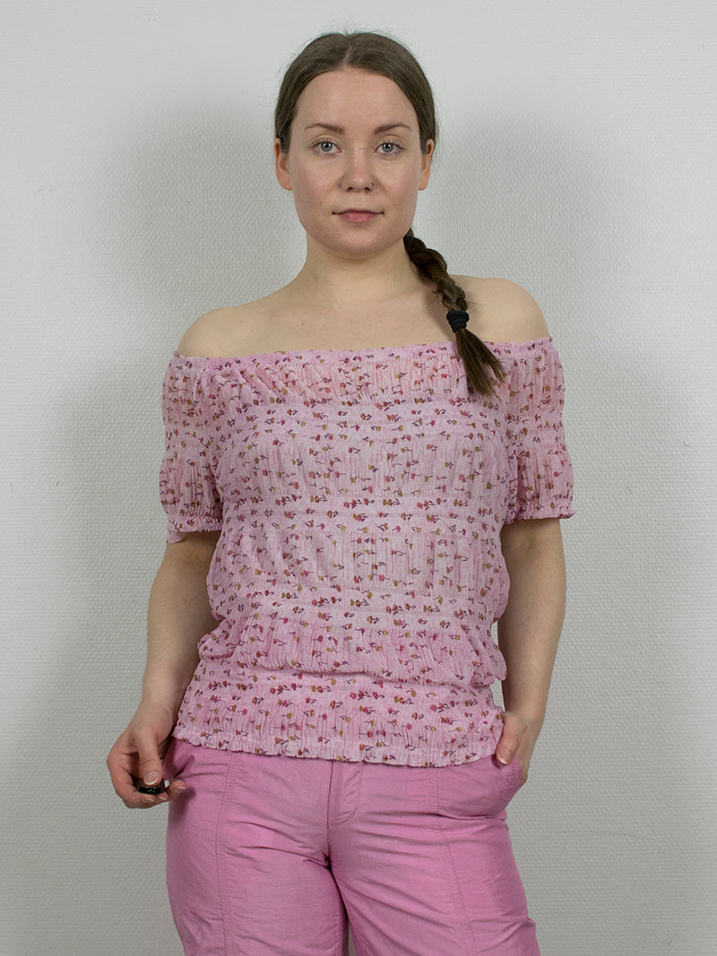Vaaleanpunainen offshoulder vintage-paita, L