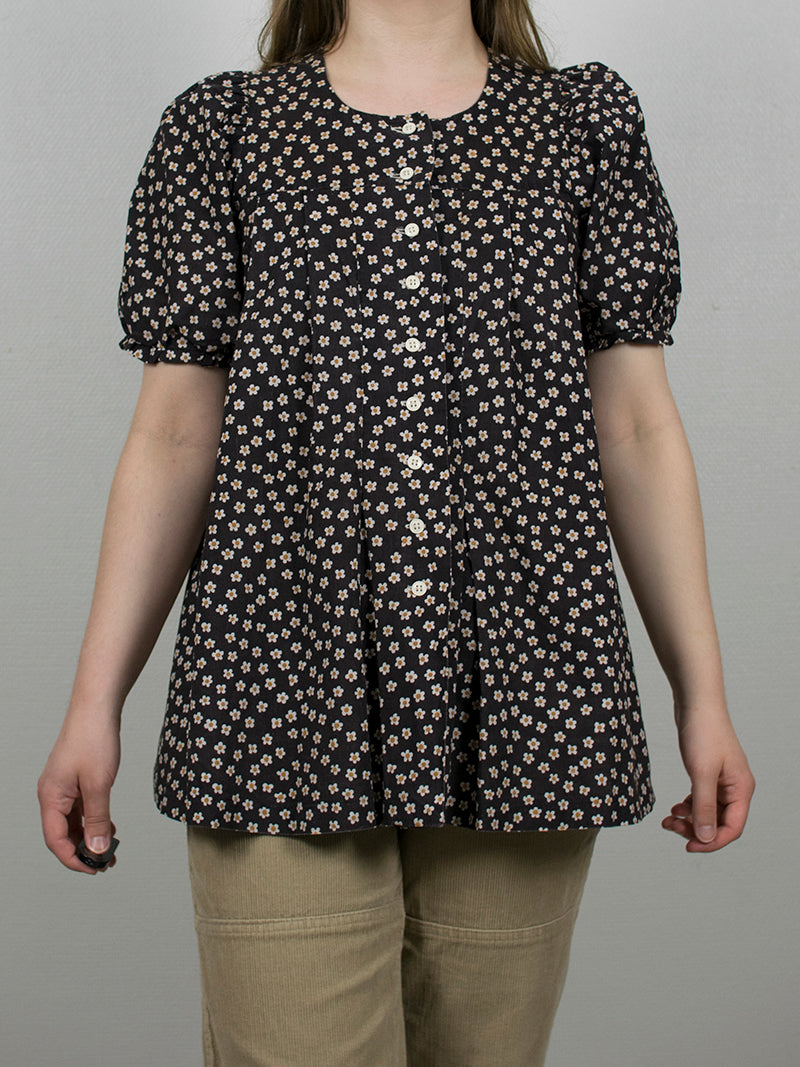 Tummanruskea kotimainen vintage-paita kukkakuosilla, XS