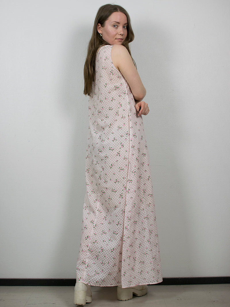 Vaaleanpunainen kukallinen vintage-mekko, S-M