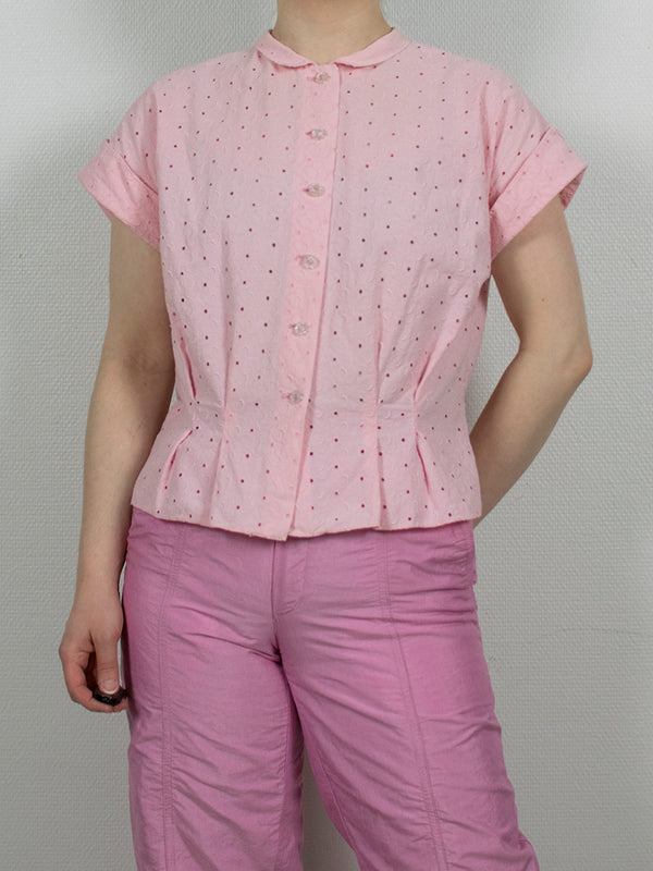 Vaaleanpunainen reikäpitsinen vintage-pusero, S-M
