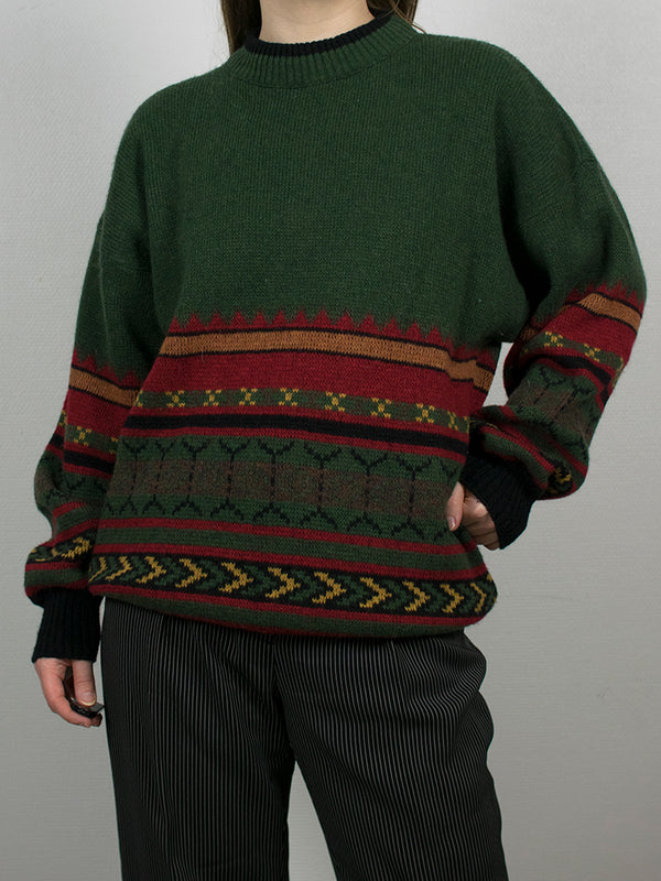 Tummanvihreä kuviollinen vintage-villapaita, L-XL