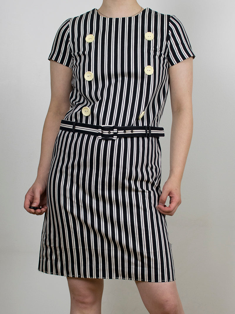 Mustavalkoinen pystyraidallinen vintage-mekko 60-luvulta, XS