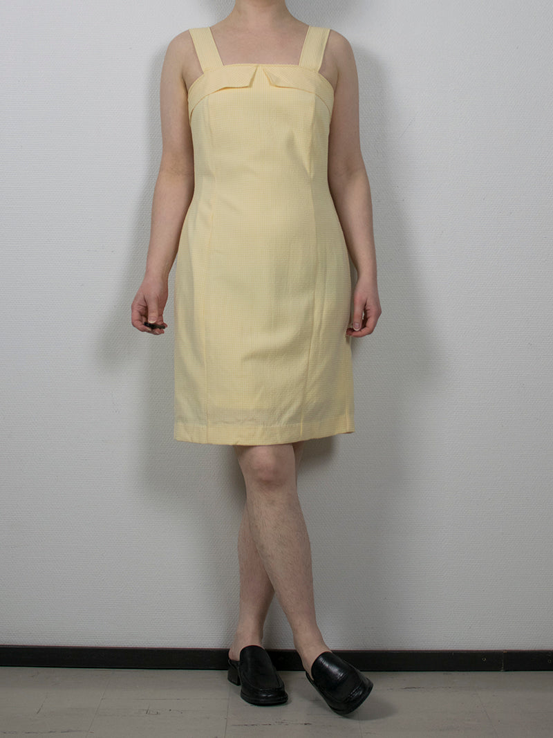 Vaaleankeltainen ruudullinen vintage-mekko, S