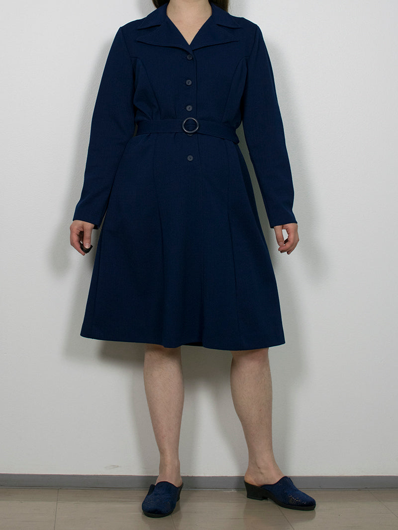 Tummansininen kotimainen pitkähihainen vintage-mekko, S-M