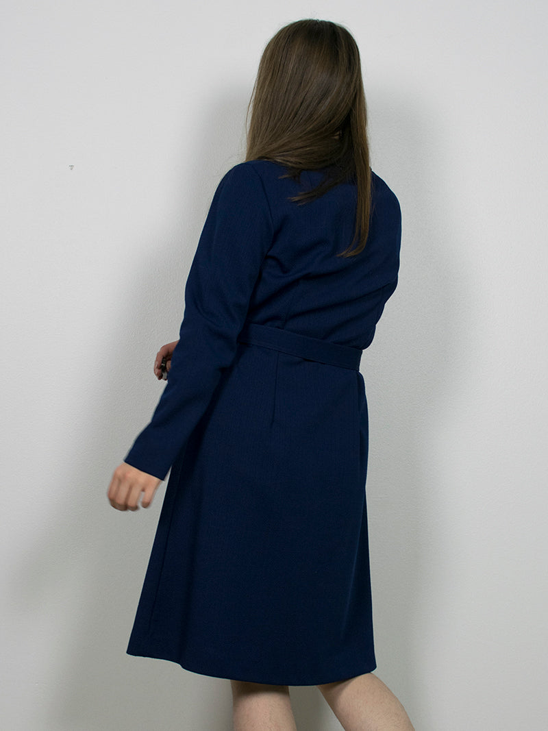 Tummansininen kotimainen pitkähihainen vintage-mekko, S-M